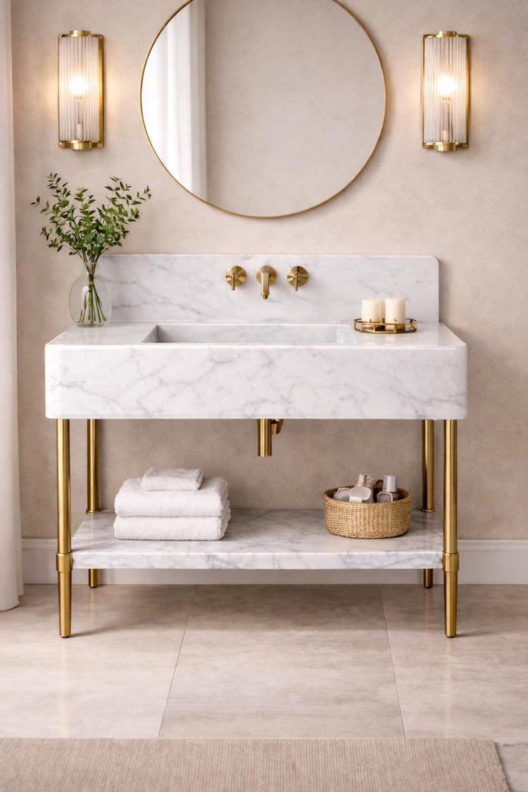 Carrara White Marble Vanity with Brass Legs and Shelf by Vero Marble