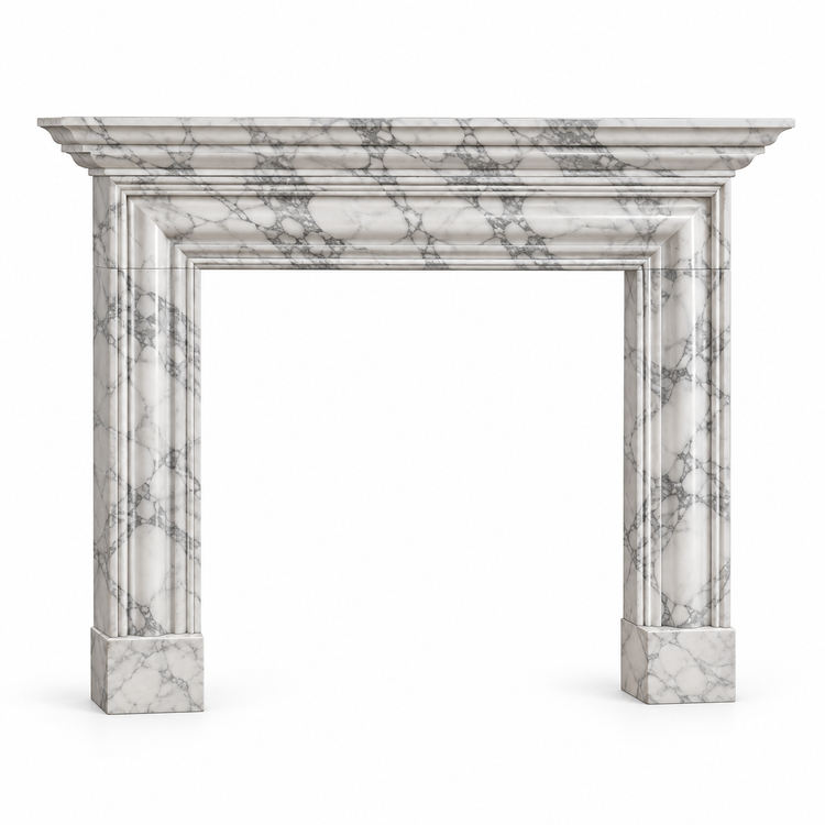 Arabescato Layered Cornice Bolection Marble Fireplace Surround on white background