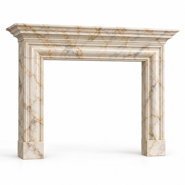 Calacatta Gold Layered Cornice Bolection Marble Fireplace Surround on white background