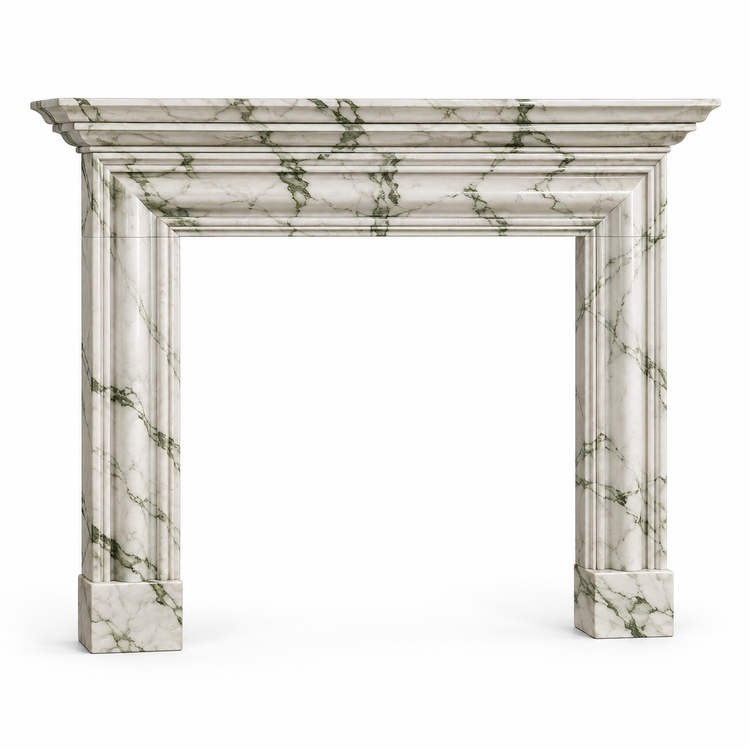 Calacatta Green Layered Cornice Bolection Marble Fireplace Surround on white background