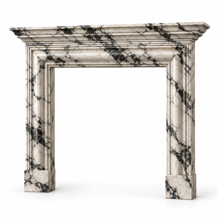 Calacatta Viola Layered Cornice Bolection Marble Fireplace Surround on white background