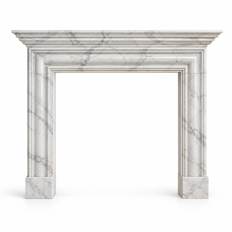 Carrara Layered Cornice Bolection Marble Fireplace Surround on white background