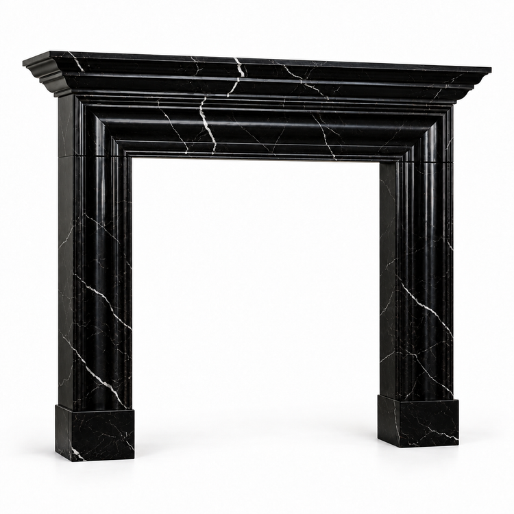 Nero Marquina Layered Cornice Bolection Marble Fireplace Surround on white background