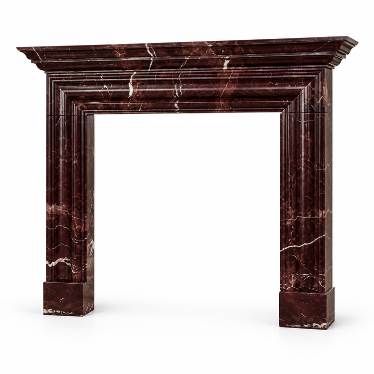 Rosso Levanto Layered Cornice Bolection Marble Fireplace Surround on white background