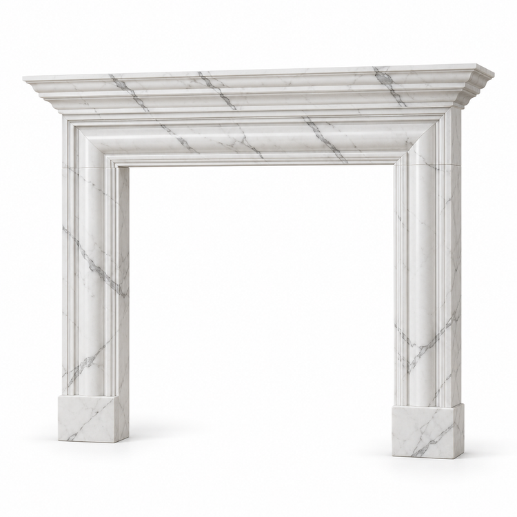 Statuario Layered Cornice Bolection Marble Fireplace Surround on white background