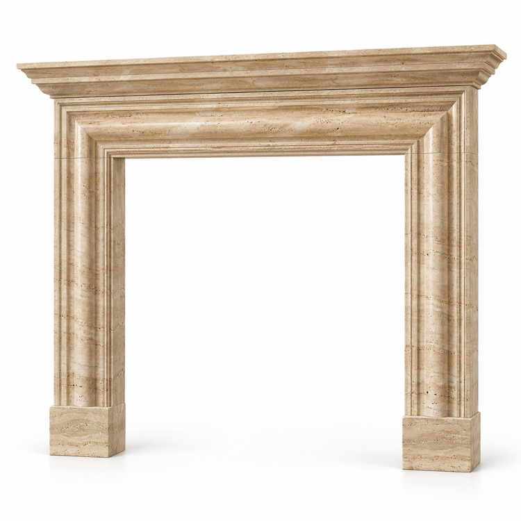 Travertine Layered Cornice Bolection Marble Fireplace Surround on white background