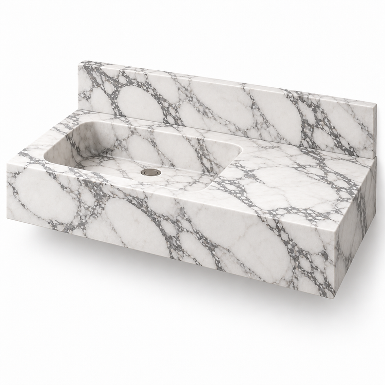 Ledge Arabescato Offset Basin Floating Marble Sink, three-quarter view on white, design rendering