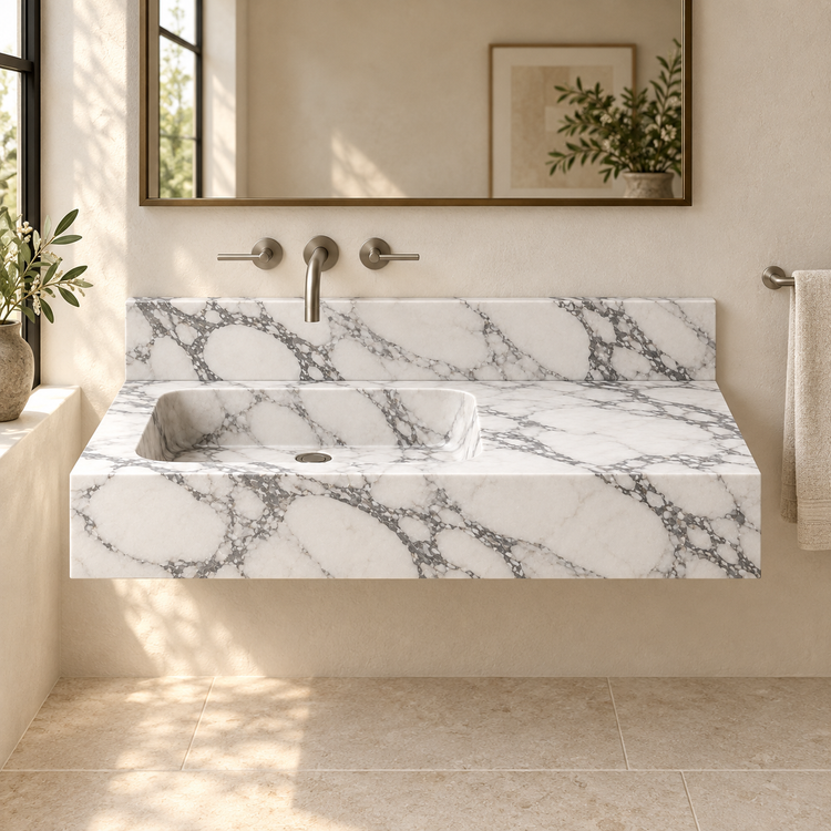Ledge Arabescato Offset Basin Floating Marble Sink, styled bathroom view, design rendering