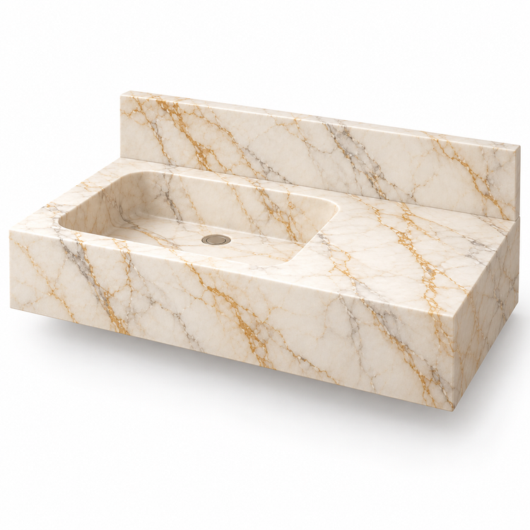 Ledge Calacatta Gold Offset Basin Floating Marble Sink, three-quarter view on white, design rendering
