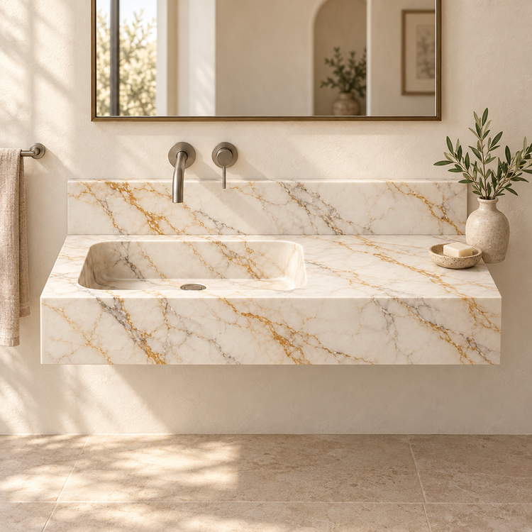 Ledge Calacatta Gold Offset Basin Floating Marble Sink, styled bathroom view, design rendering