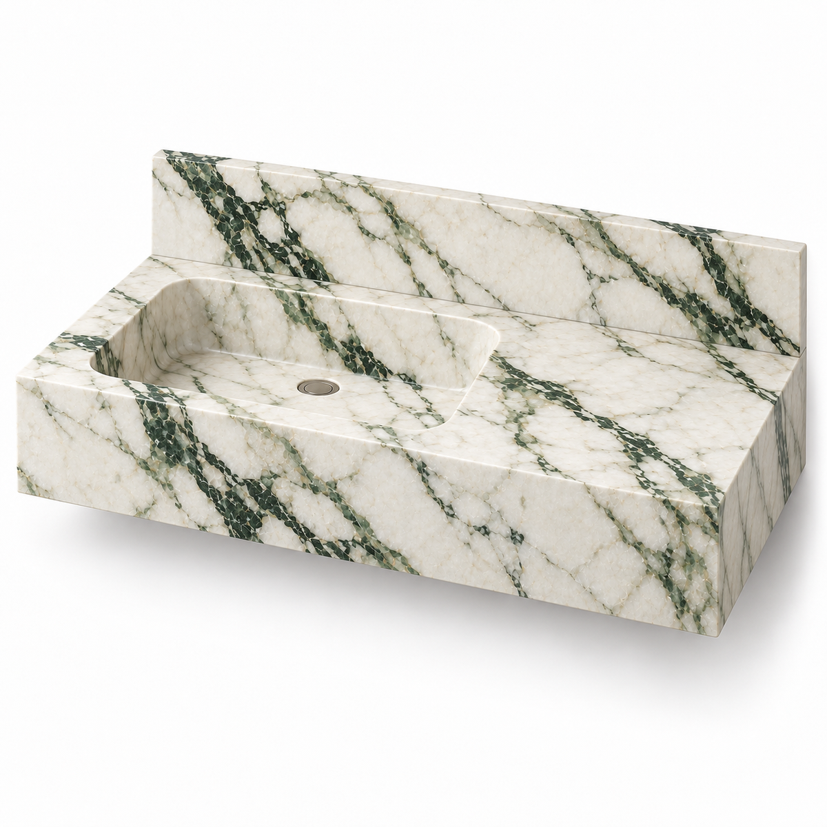 Ledge Calacatta Green Offset Basin Floating Marble Sink, three-quarter view on white, design rendering