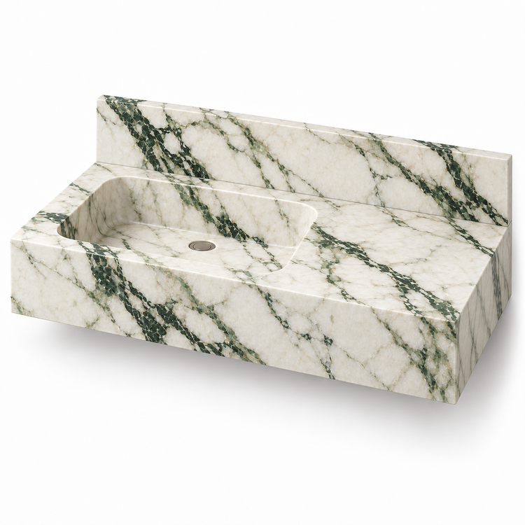 Ledge Calacatta Green Offset Basin Floating Marble Sink, three-quarter view on white, design rendering