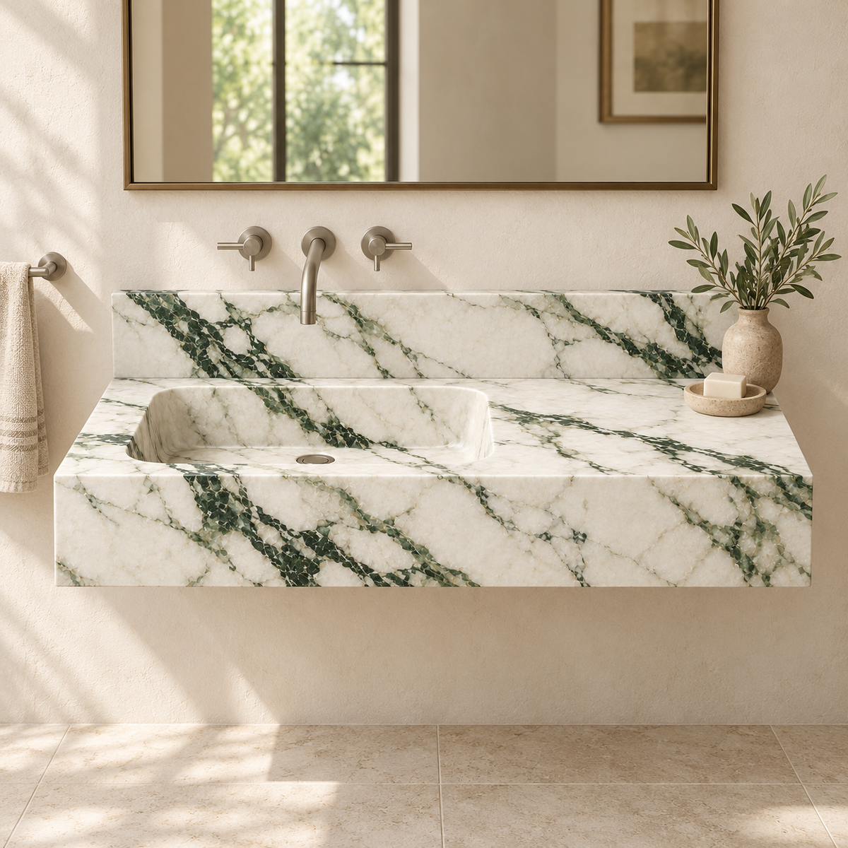 Ledge Calacatta Green Offset Basin Floating Marble Sink, styled bathroom view, design rendering