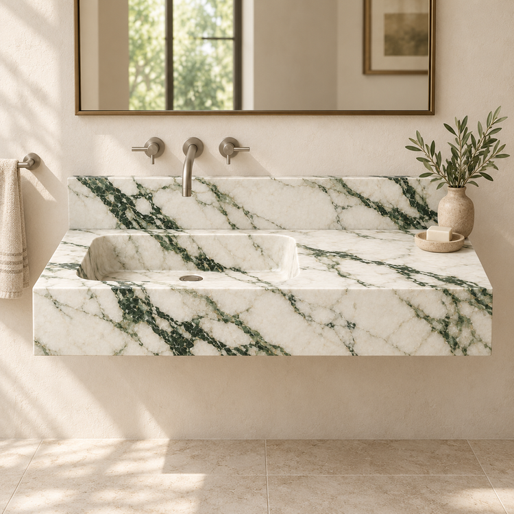 Ledge Calacatta Green Offset Basin Floating Marble Sink, styled bathroom view, design rendering