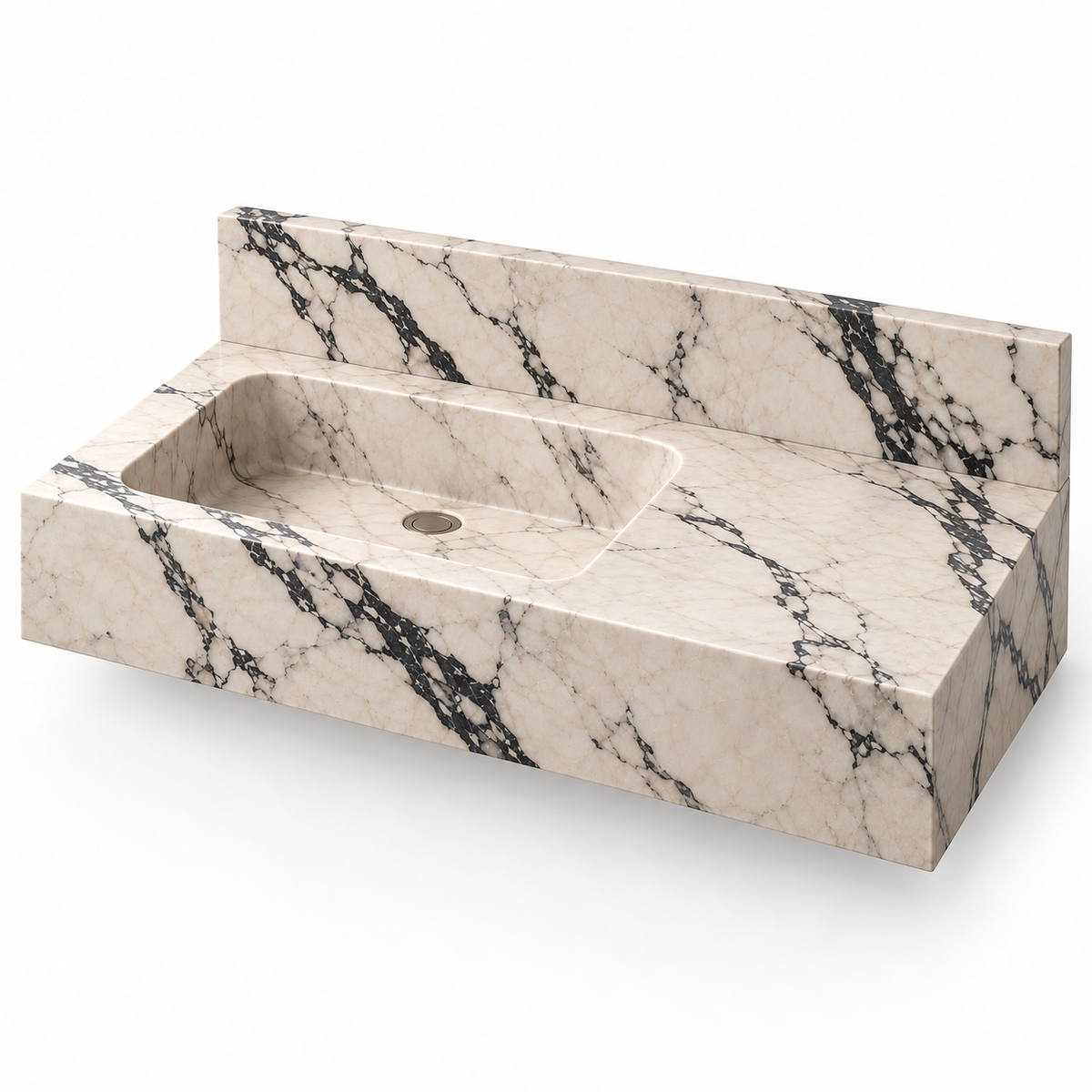 Ledge Calacatta Viola Offset Basin Floating Marble Sink, three-quarter view on white, design rendering