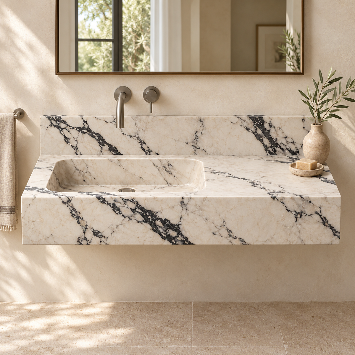 Ledge Calacatta Viola Offset Basin Floating Marble Sink, styled bathroom view, design rendering