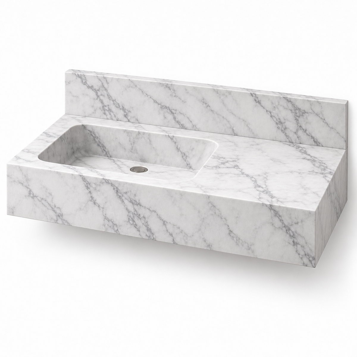Ledge Carrara Offset Basin Floating Marble Sink, three-quarter view on white, design rendering