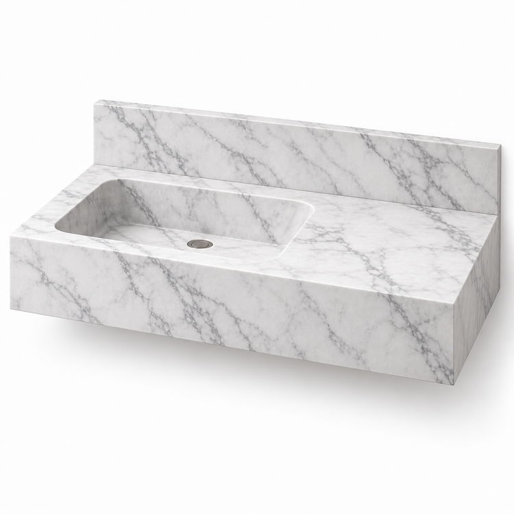 Ledge Carrara Offset Basin Floating Marble Sink, three-quarter view on white, design rendering