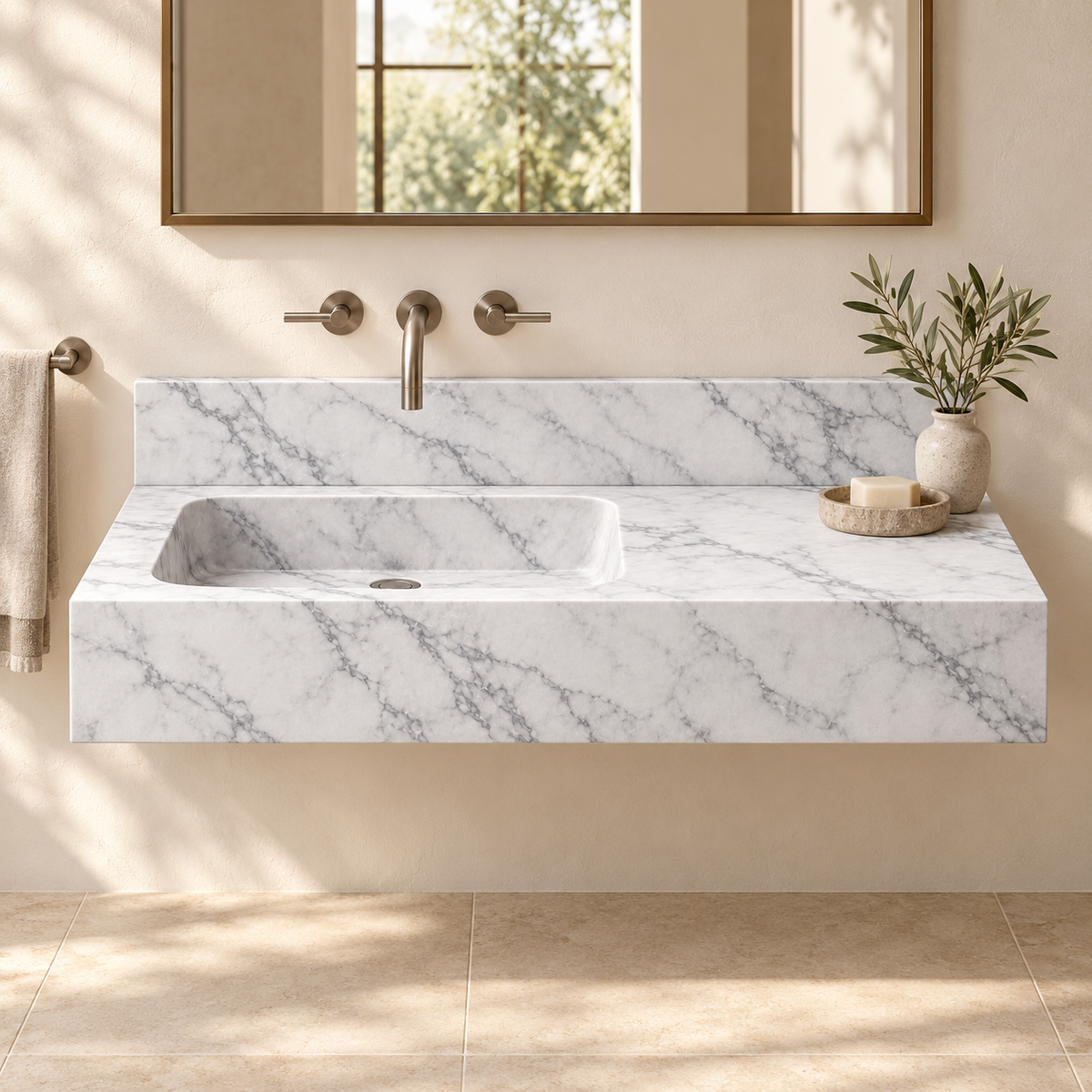 Ledge Carrara Offset Basin Floating Marble Sink, styled bathroom view, design rendering