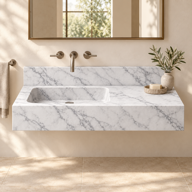 Ledge Carrara Offset Basin Floating Marble Sink, styled bathroom view, design rendering