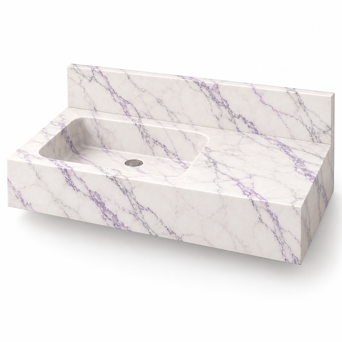 Ledge Lilac Offset Basin Floating Marble Sink, three-quarter view on white, design rendering