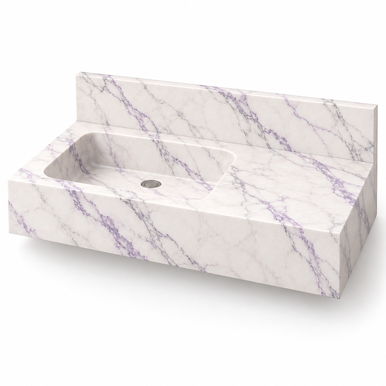 Ledge Lilac Offset Basin Floating Marble Sink, three-quarter view on white, design rendering