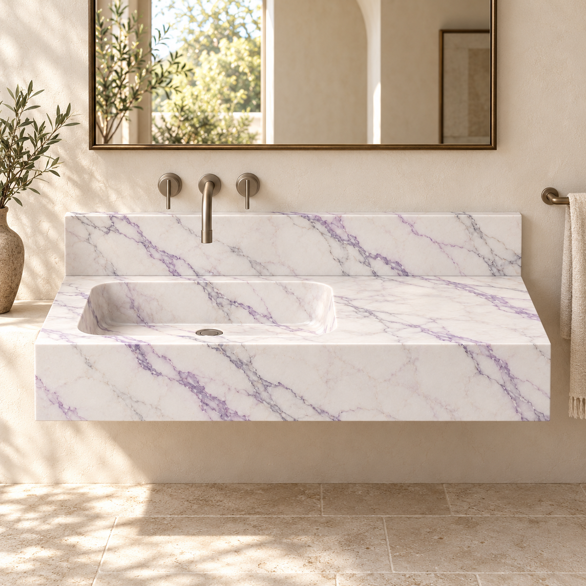 Ledge Lilac Offset Basin Floating Marble Sink, styled bathroom view, design rendering