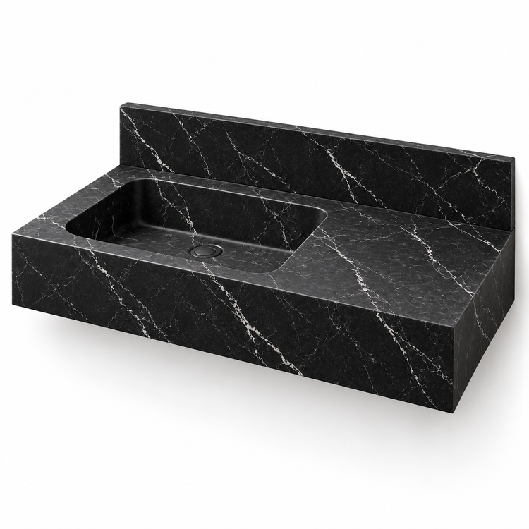 Ledge Nero Marquina Offset Basin Floating Marble Sink, three-quarter view on white, design rendering