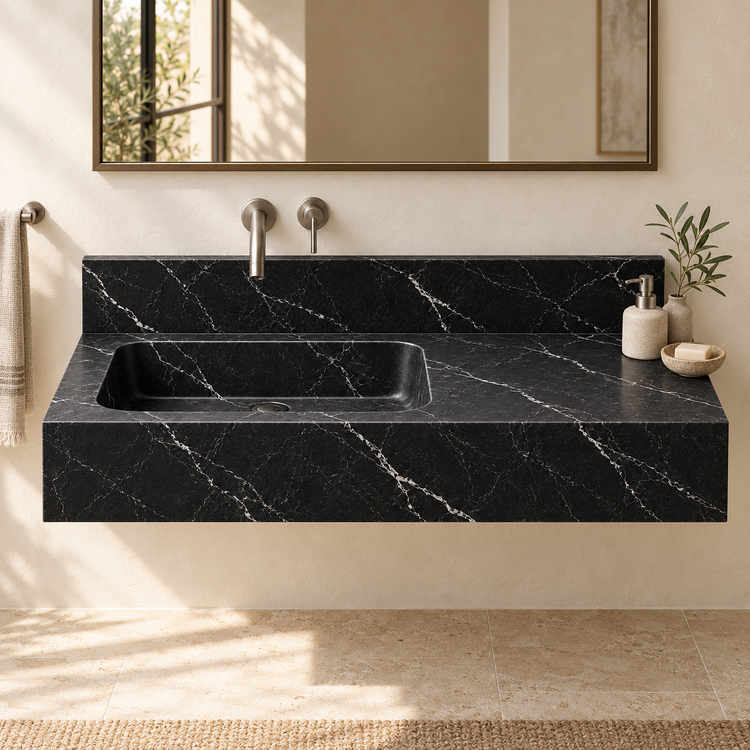 Ledge Nero Marquina Offset Basin Floating Marble Sink, styled bathroom view, design rendering