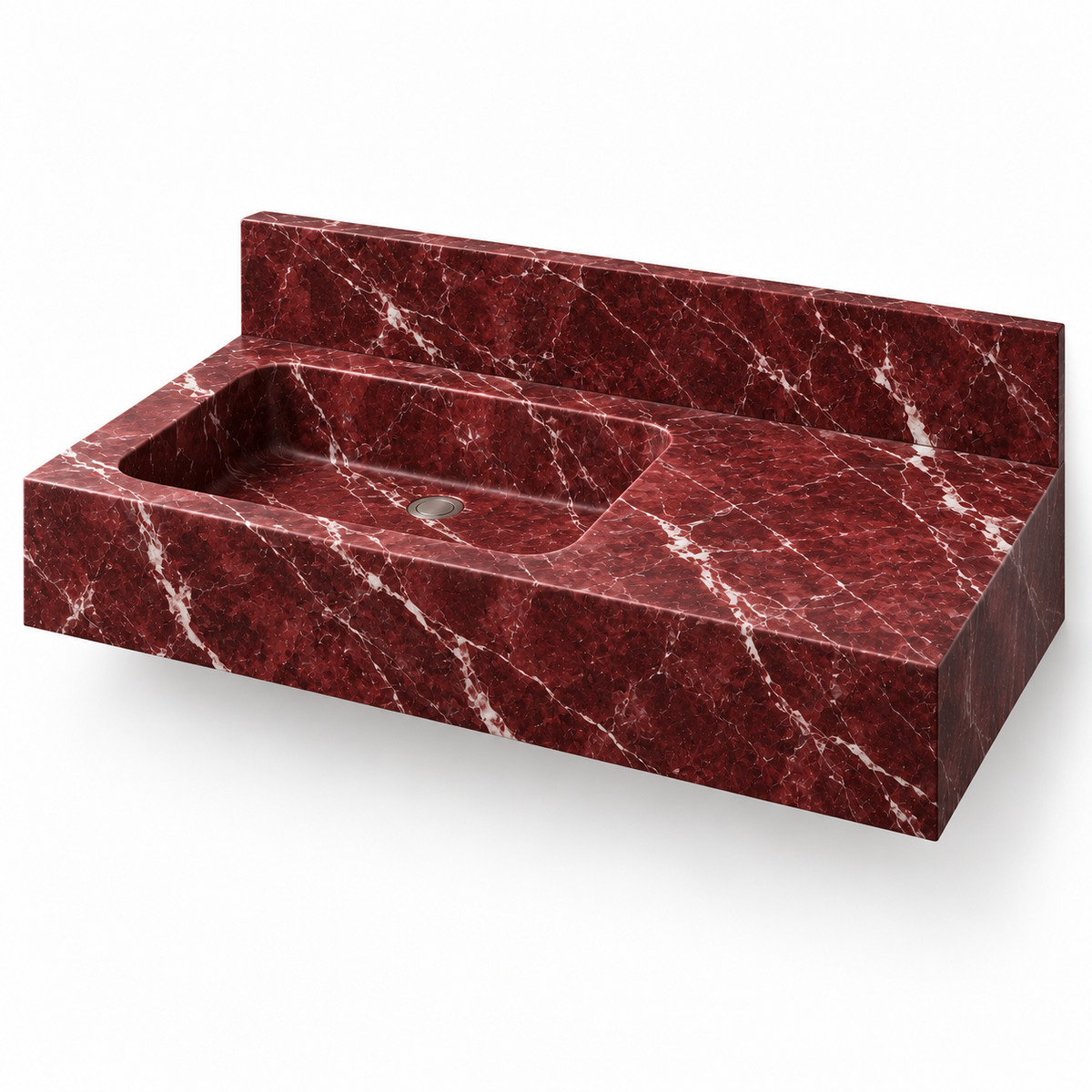 Ledge Rosso Levanto Offset Basin Floating Marble Sink, three-quarter view on white, design rendering
