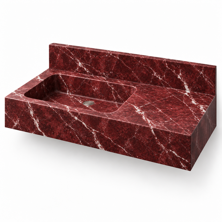 Ledge Rosso Levanto Offset Basin Floating Marble Sink, three-quarter view on white, design rendering