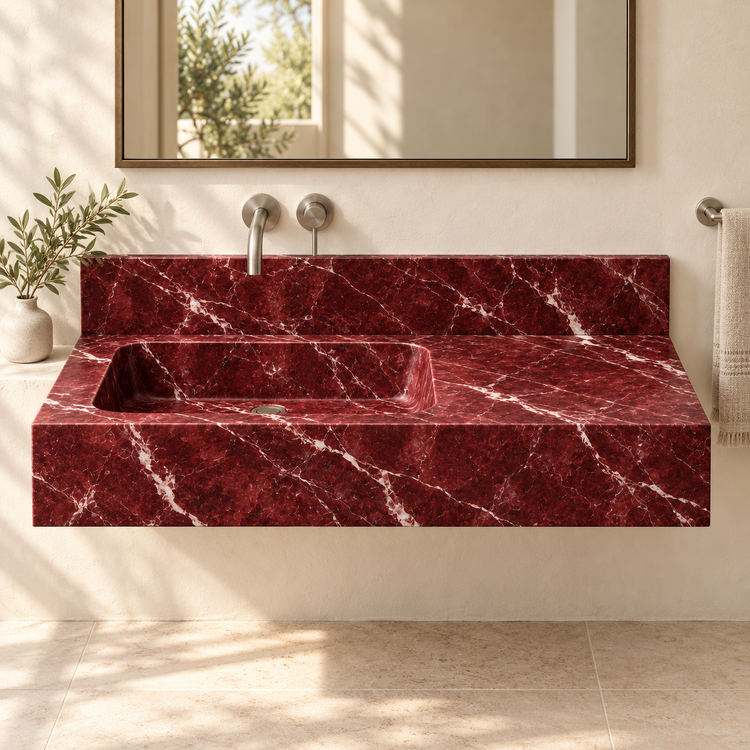 Ledge Rosso Levanto Offset Basin Floating Marble Sink, styled bathroom view, design rendering