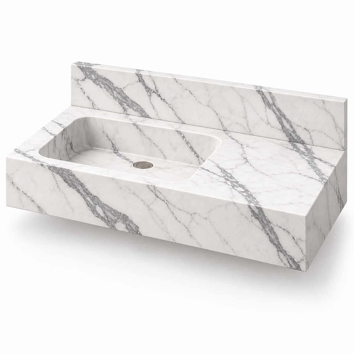 Ledge Statuario Offset Basin Floating Marble Sink, three-quarter view on white, design rendering