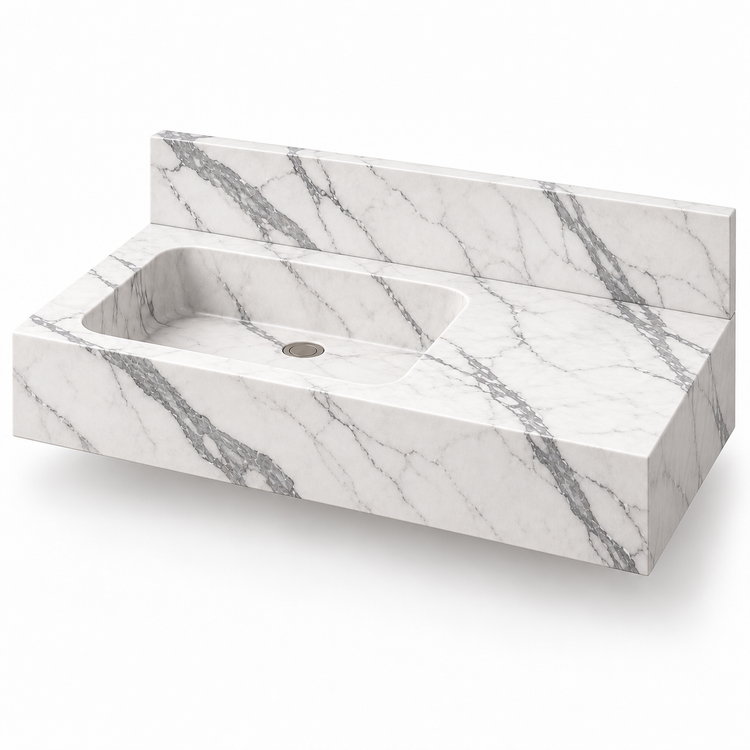 Ledge Statuario Offset Basin Floating Marble Sink, three-quarter view on white, design rendering