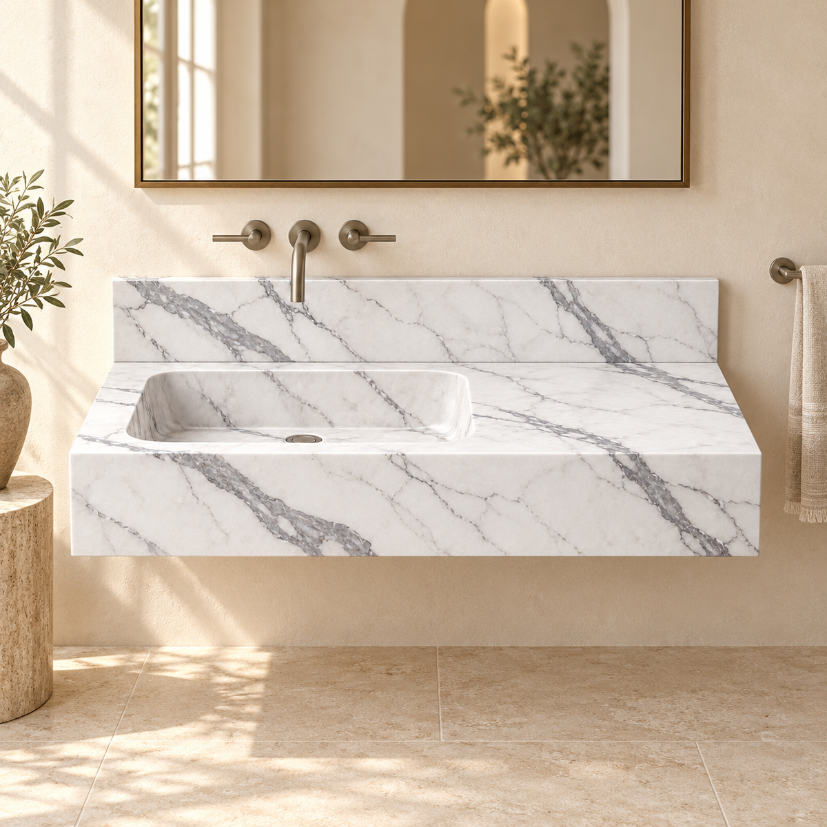 Ledge Statuario Offset Basin Floating Marble Sink, styled bathroom view, design rendering