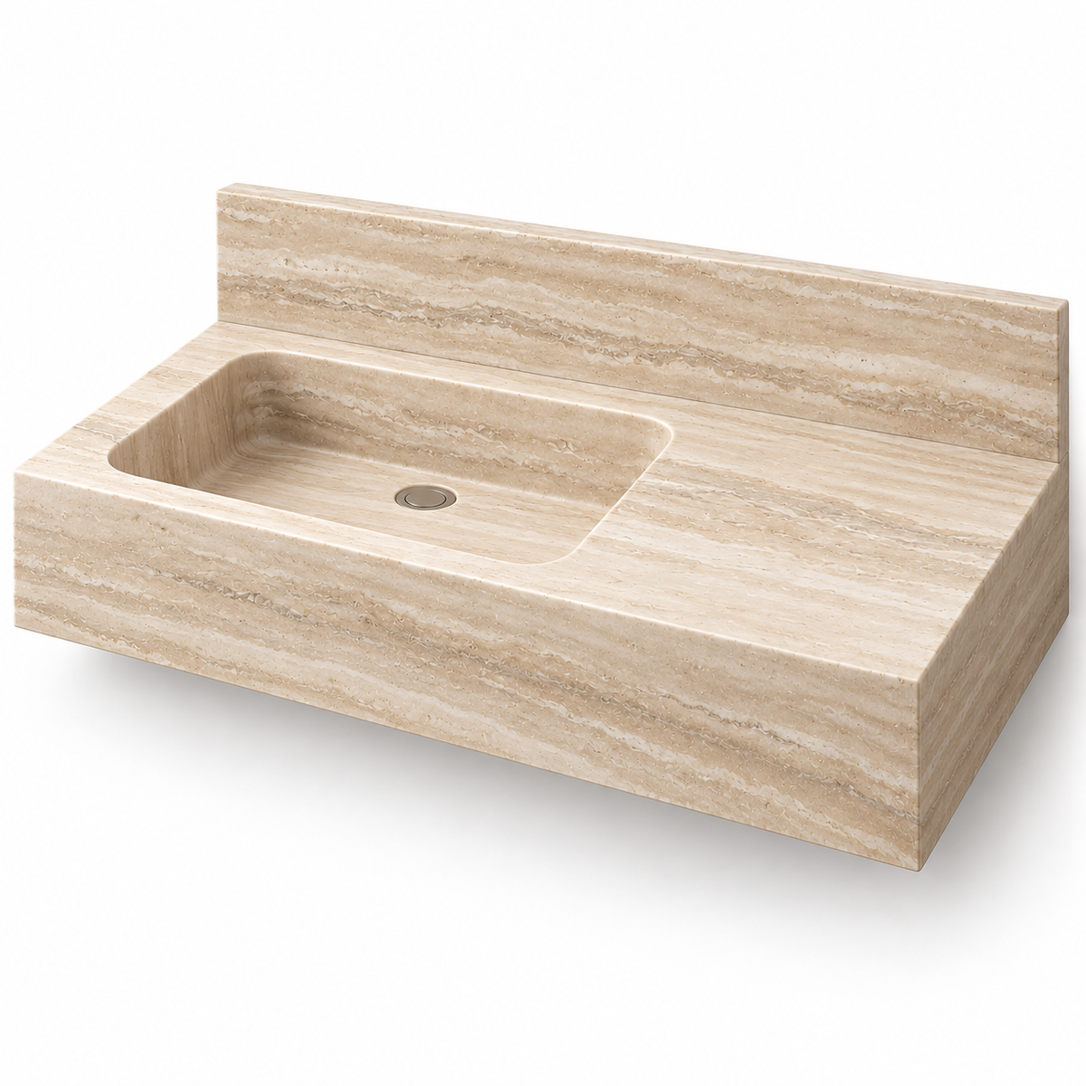 Ledge Travertine Offset Basin Floating Stone Sink, three-quarter view on white, design rendering