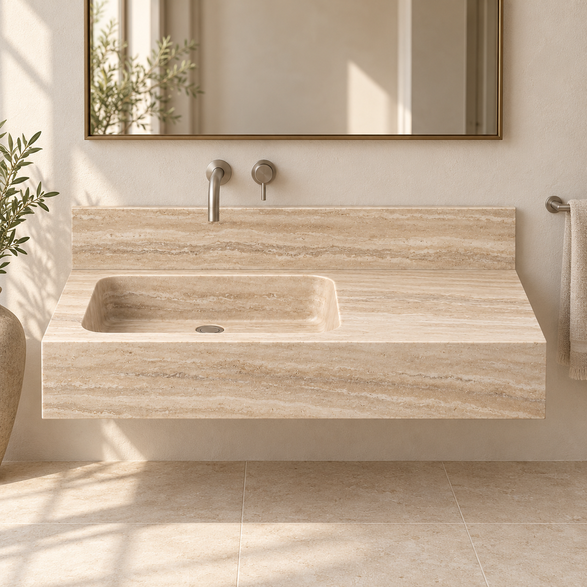 Ledge Travertine Offset Basin Floating Stone Sink, styled bathroom view, design rendering