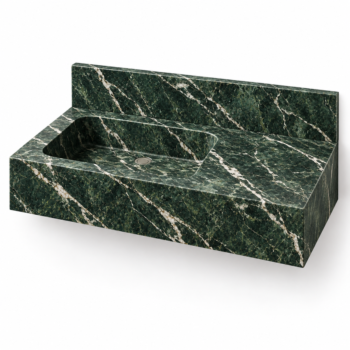 Ledge Verde Alpi Offset Basin Floating Marble Sink, three-quarter view on white, design rendering