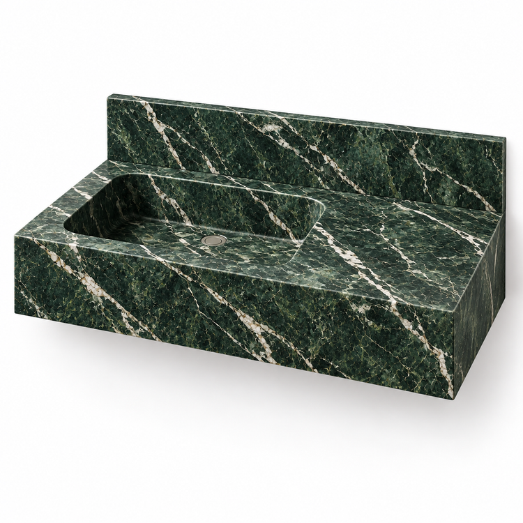 Ledge Verde Alpi Offset Basin Floating Marble Sink, three-quarter view on white, design rendering