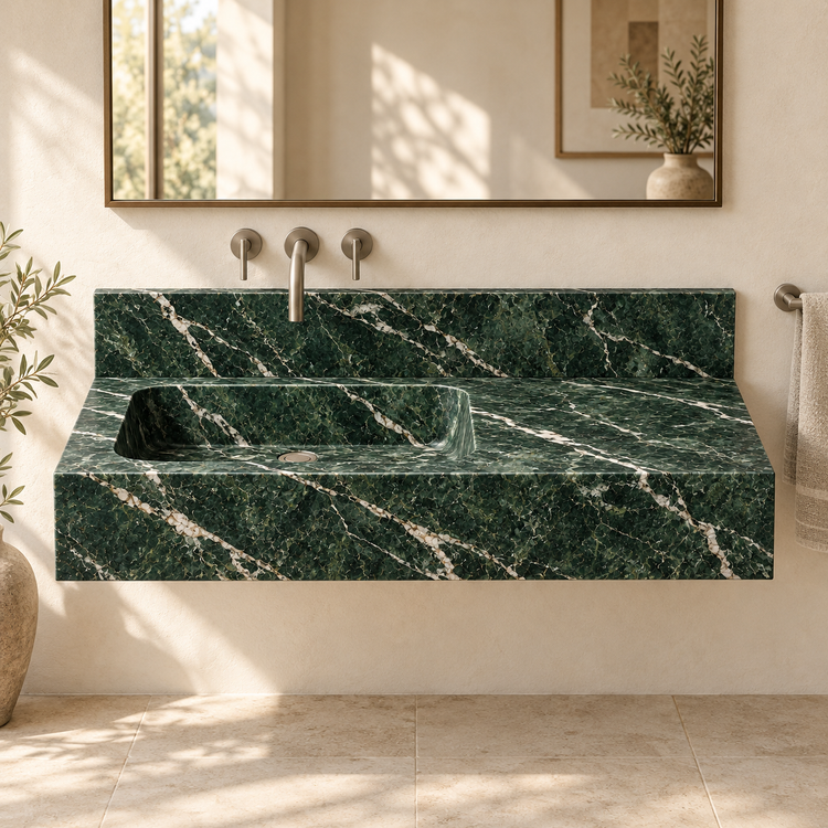 Ledge Verde Alpi Offset Basin Floating Marble Sink, styled bathroom view, design rendering