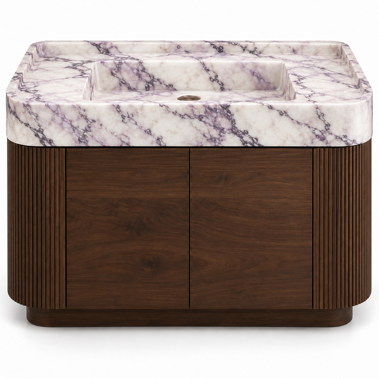 Lilac integrated sink with curved dark walnut vanity and fluted sides, front view