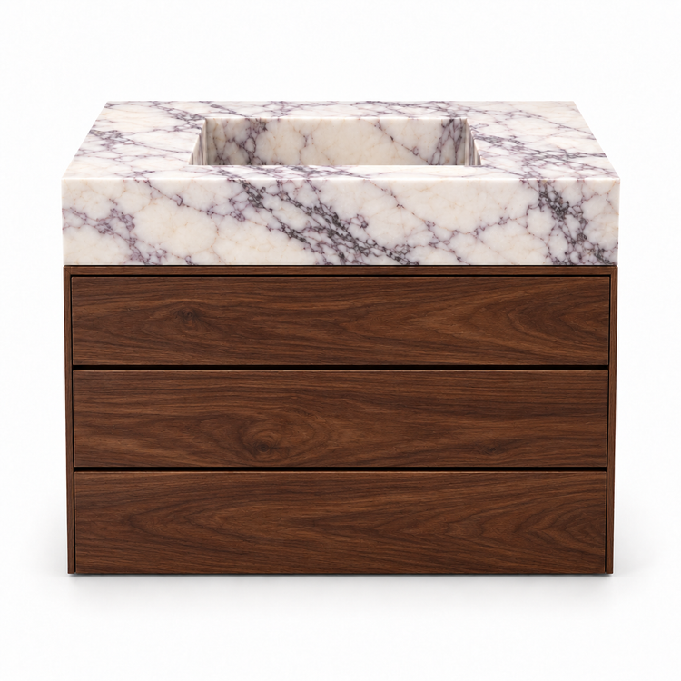 Lilac integrated stone sink with dark walnut three-drawer vanity, front view