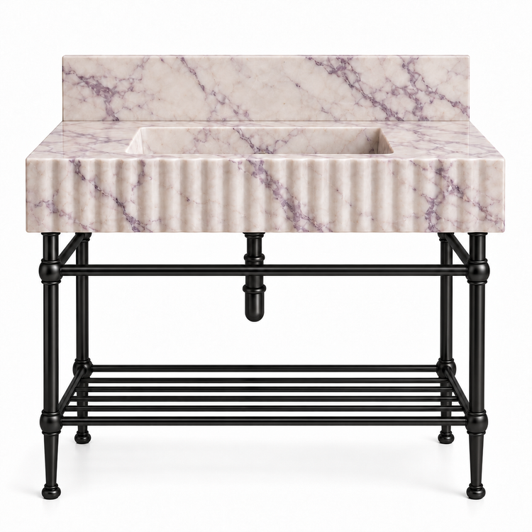 Lilac fluted sink with matte black console legs and lower shelf, front view