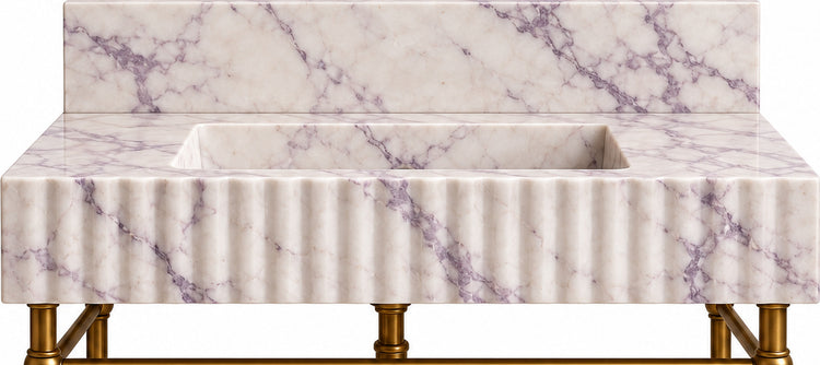 Lilac Marble Fluted Console Sink with Backsplash and Metal Legs and Rack Shelf - basin and stone apron detail