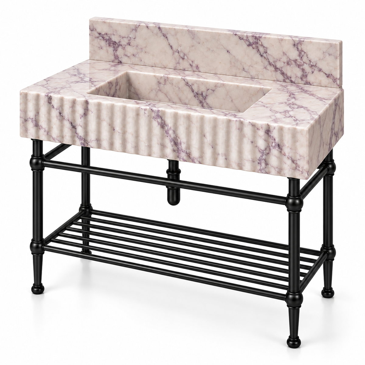 Lilac Marble Fluted Console Sink with Backsplash and Matte Black Legs, alternate angle on white, design rendering