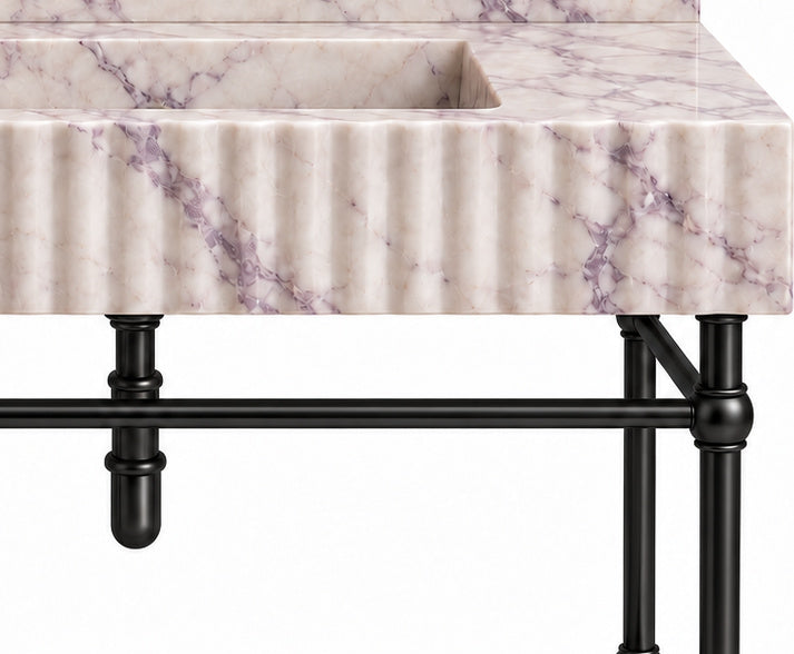 Lilac Marble Fluted Console Sink with Backsplash and Matte Black Legs - stone texture and metal support detail