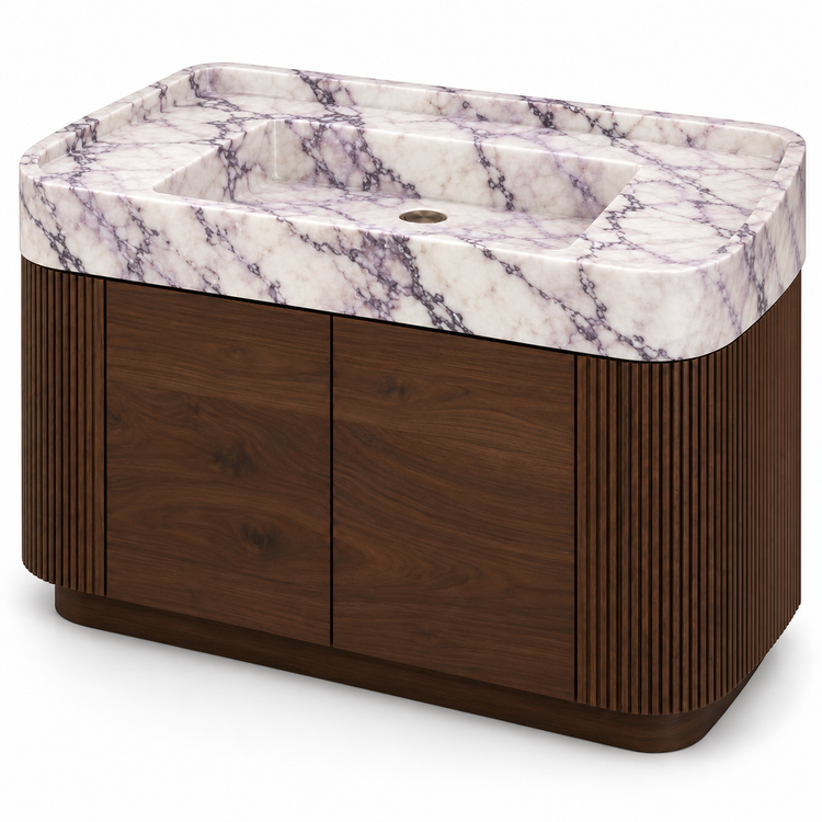 Lilac Integrated Marble Sink with Curved Dark Walnut Vanity, alternate angle on white, design rendering