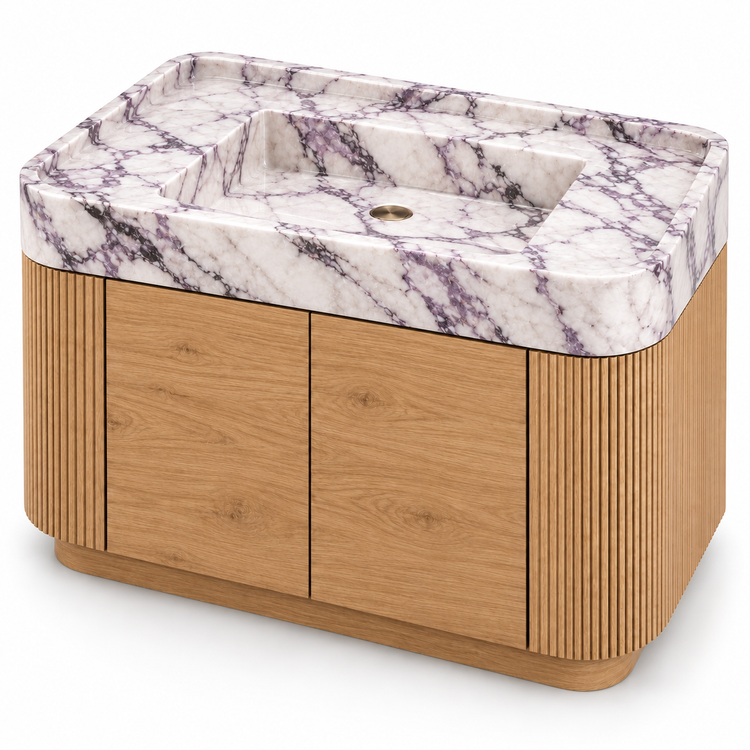 Lilac Integrated Marble Sink with Curved Oak Vanity, three-quarter view on white, design rendering