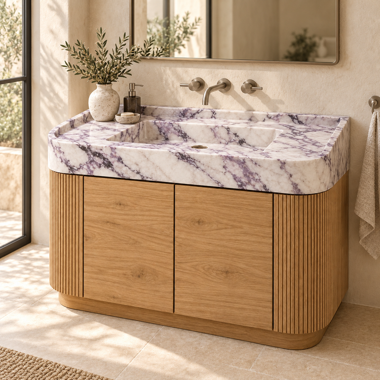 Lilac Integrated Marble Sink with Curved Oak Vanity, styled bathroom view, design rendering