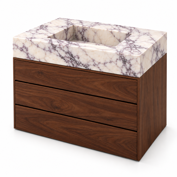 Lilac Integrated Marble Sink with Three-Drawer Dark Walnut Vanity, three-quarter view on white, design rendering